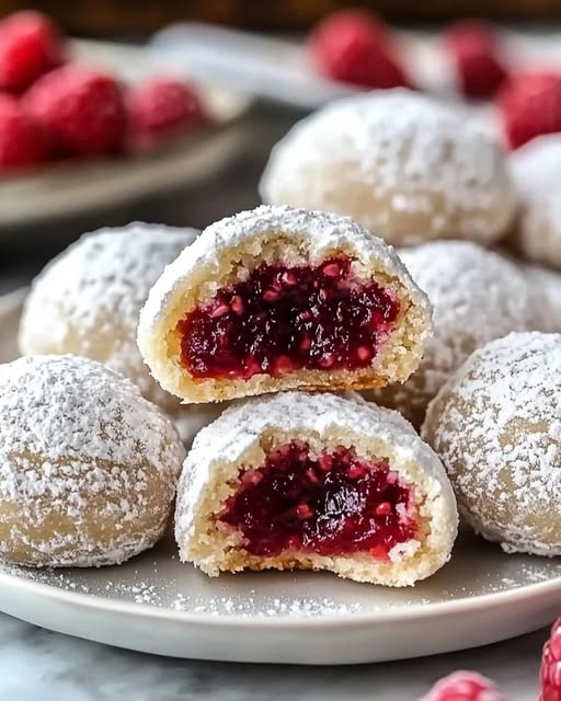 Ciasteczka migdałowe w kształcie śnieżek z nadzieniem malinowym