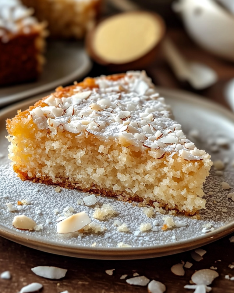 🍰 Przepis na wilgotne ciasto kokosowe z płatkami kokosa i cukrem pudrem